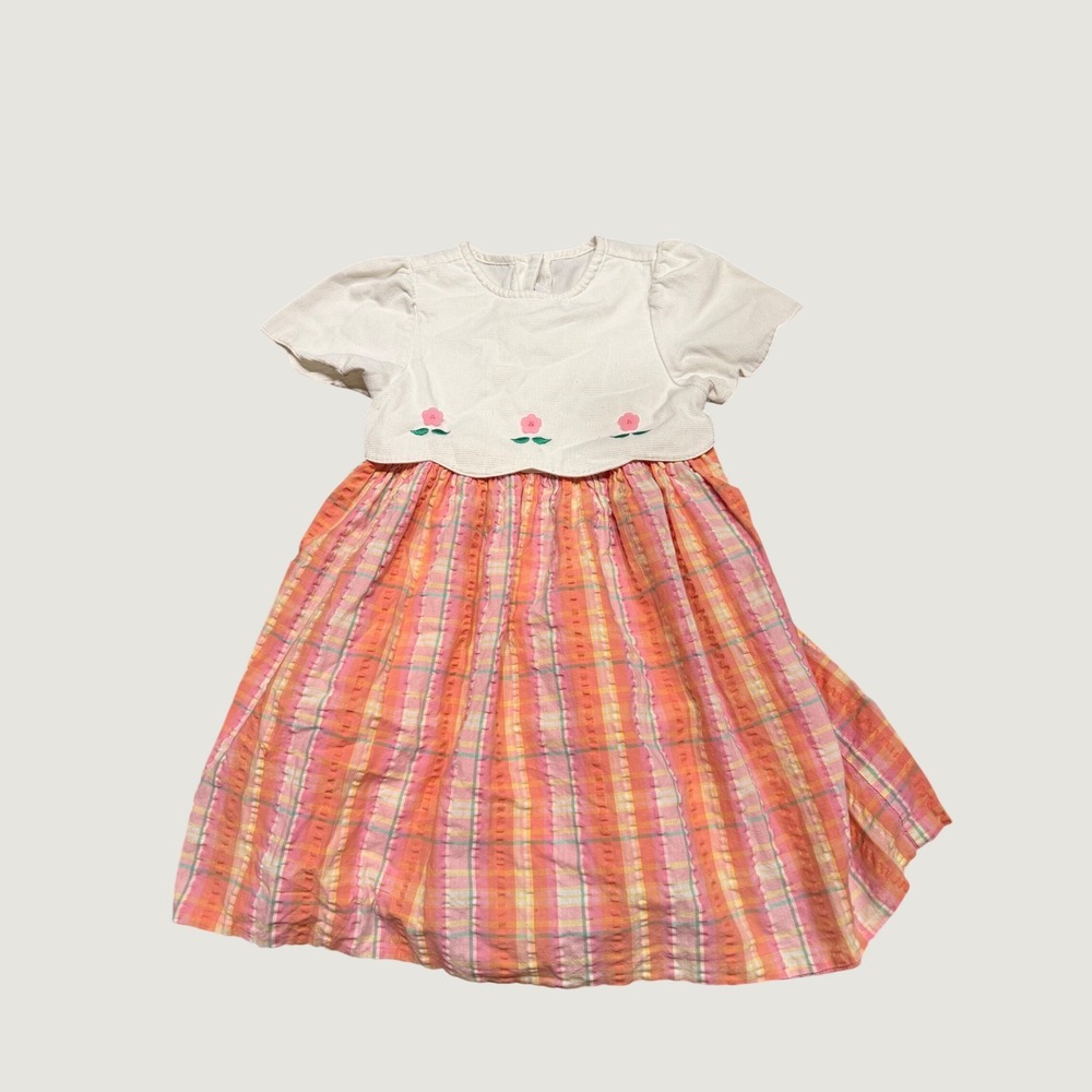 Vintage 1999 Gymboree Girls Plaid Floral Dress Size L 4-5 White Pink Orange